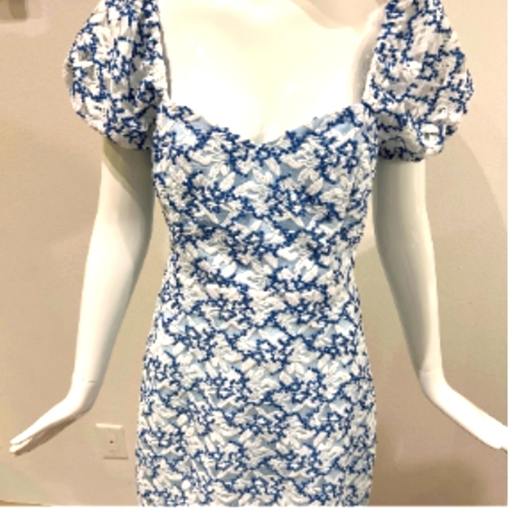NWT Adelyn Rae “The Monroe” Lace MiniDress Floral Print Puff Sleeves Medium - Picture 3 of 14